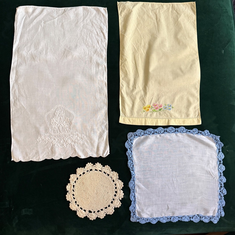 Vintage Paper White Linen Lace Table Decor Set White Cream Blue 4 Piece